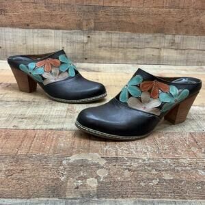 Spring Step L'Artiste Mules Womens Size 7.5 38 Black Leather Floral Heel Shoes